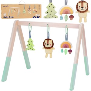 Drewniany stojak edukacyjny Baby Gym z trzema pluszowymi zawieszkami