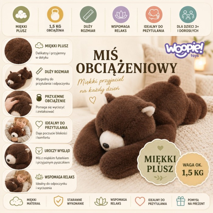 Pluszak Obciążeniowy Miś Antystresowy Sensoryczny Ciężkomiś Przytulanka 65cm 1500g