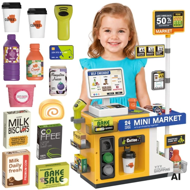Sklep Mini Market Interaktywna Kasa Skaner Akcesoria Dźwięki Światło