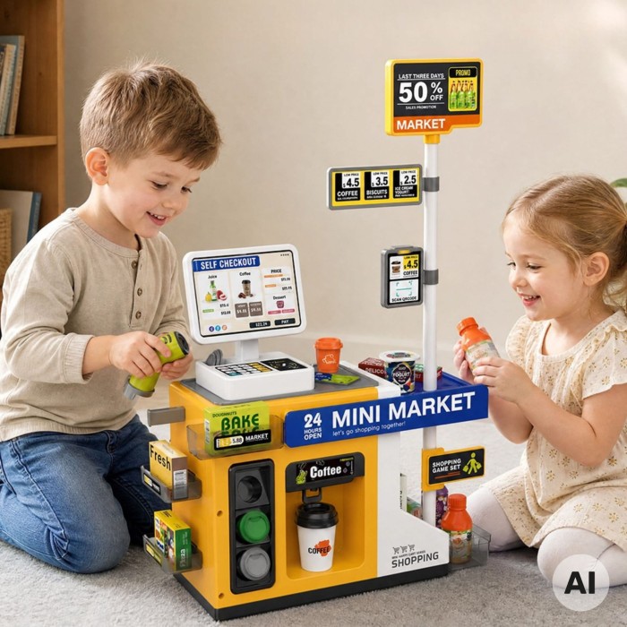 Sklep Mini Market Interaktywna Kasa Skaner Akcesoria Dźwięki Światło