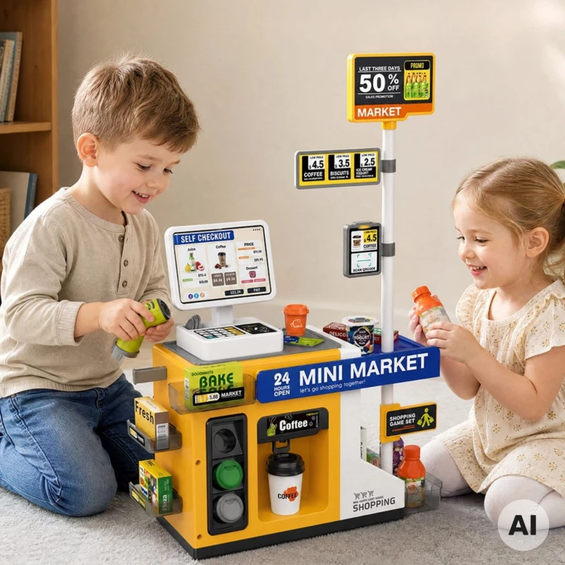 Sklep Mini Market Interaktywna Kasa Skaner Akcesoria Dźwięki Światło