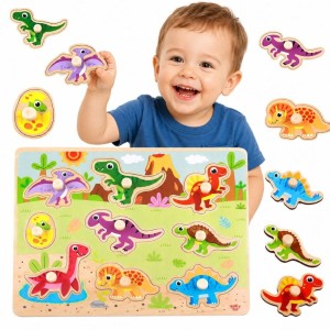 Drewniane Puzzle Montessori Układanka Dinozaury Kształty