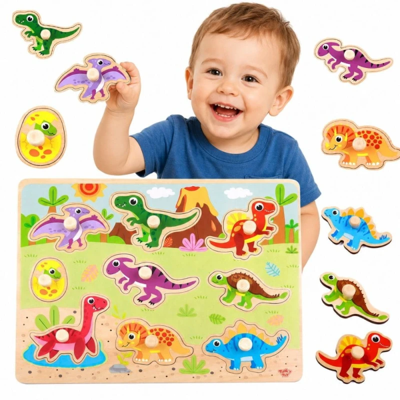 Drewniane Puzzle Montessori Układanka Dinozaury Kształty