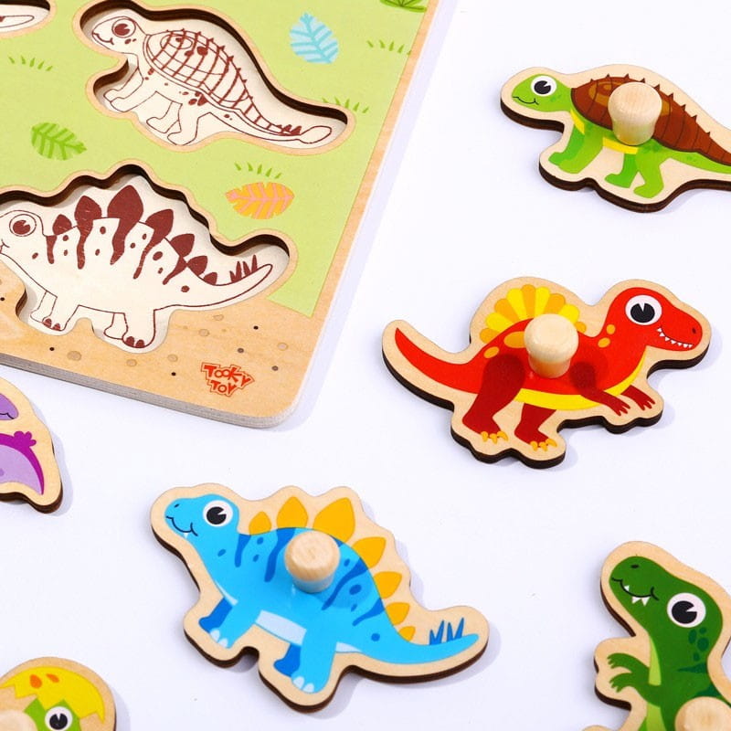 Drewniane Puzzle Montessori Układanka Dinozaury Kształty