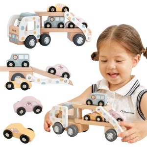 Drewniana Laweta Transporter 3 Samochodziki Autka Kierowca 18m+
