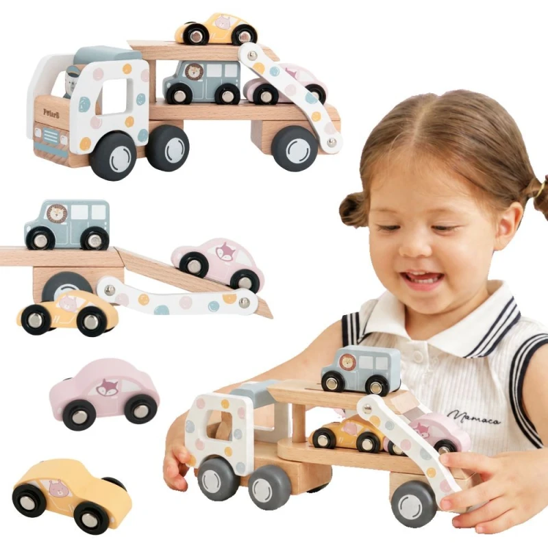 Drewniana Laweta Transporter 3 Samochodziki Autka Kierowca 18m+