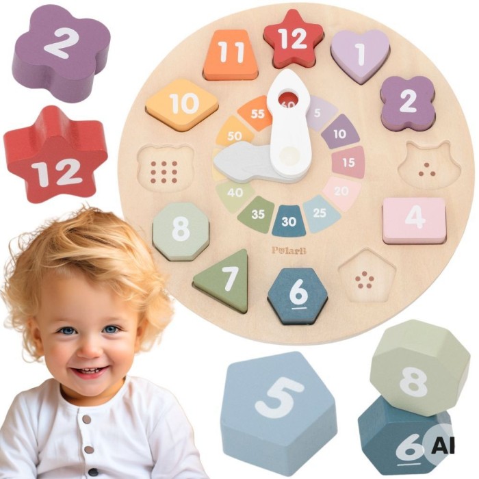 Drewniany Zegar Sorter Kształtów Edukacyjny 18m+
